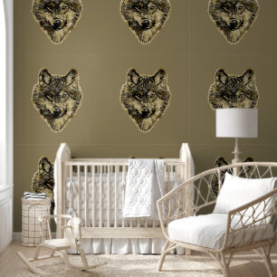Glimlachende wolfskop - lijnen silhouet 3 behang