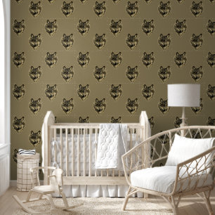 Glimlachende wolfskop - lijnen silhouet 3 behang