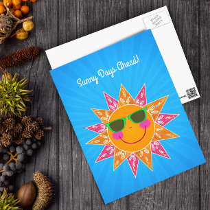 Glimlachende Zon Met Bril Oranje Roze Stralen Blau Briefkaart