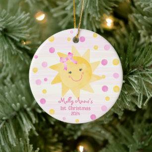 Glimlachende Zonneschijn met Boog Meisjes 1e Kerst Keramisch Ornament