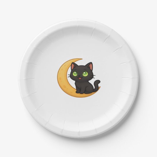 Glimlachende zwarte kat met gloeiende groene ogen  papieren bordje (Voorkant)