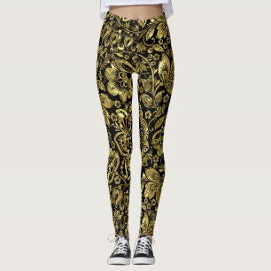 Glimmend goud op zwart bloemendamast patroon leggings