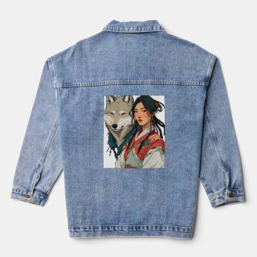 "Glimpen van de steppe: de Mongoolse vrouw" Denim Jacket (Achterkant)