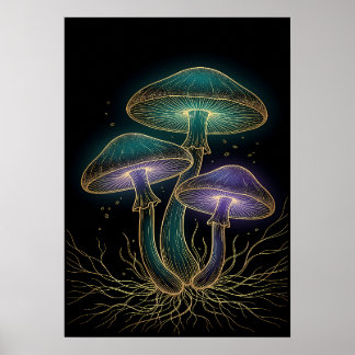 GLIMPENDENDE PADDENSTOELEN MET WORTELS POSTER