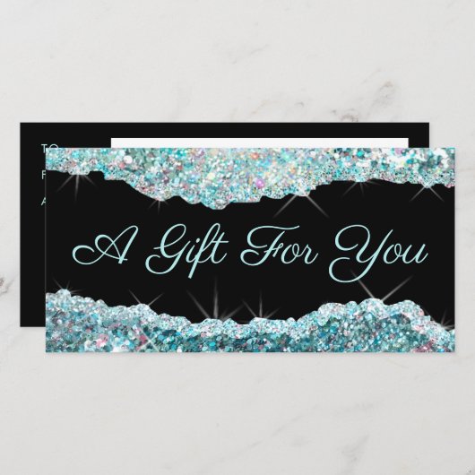 glinsterend turquoise glitterschenkingcertificaat (Voorkant / Achterkant)