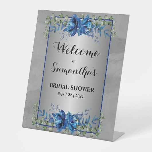 Glinsterend Zilver: Blauw Bloemen Vrijgezellenfees Reclamebord Met Voetstuk (Voorkant)