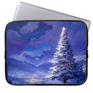 Glinsterende Kerstboom Besneeuwde Berglandschap Laptop Sleeve