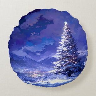 Glinsterende Kerstboom Besneeuwde Berglandschap Rond Kussen