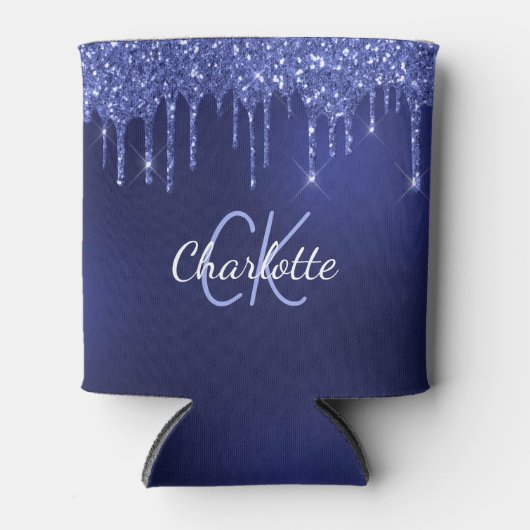 Glinsterende marineblauwe druppels witte naam blikjeskoeler (Voorkant)