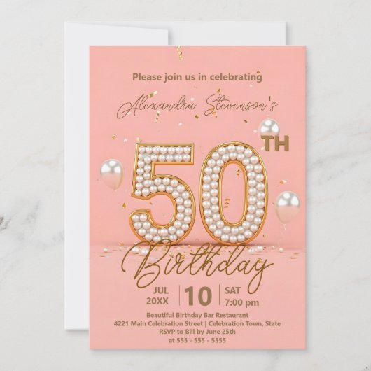 Glinsterende parels en gouden accenten 50e verjaar kaart (Voorkant)