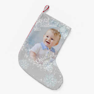 Glinsterende sneeuwvlokken grijs kleine kerstsok