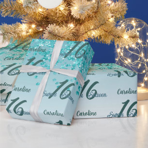Glinsterende Sweet 16 Vallende Turquoise Glitter Cadeaupapier