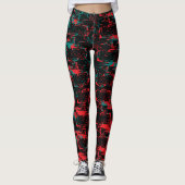 Glitch Art Red and Teal Floral Repeat Leggings (Voorkant)
