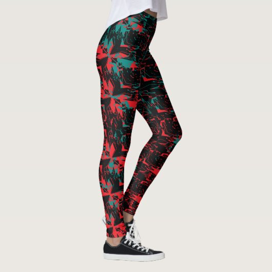 Glitch Art Red and Teal Floral Repeat Leggings (Rechts)