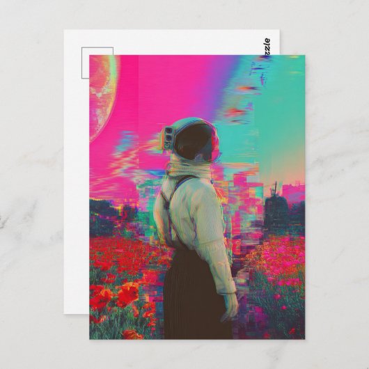 glitch astronaut lady in een papaverveld briefkaart (Voorkant / Achterkant)