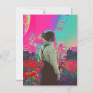 glitch astronaut lady in een papaverveld briefkaart