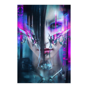 Glitch Cyberpunk Gezicht Neon Vervorming Portret Foto Afdruk