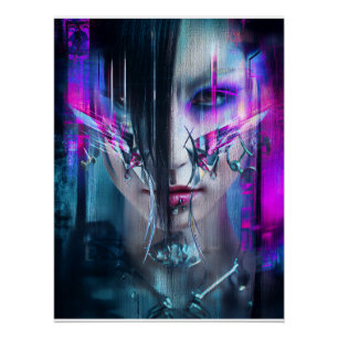Glitch Cyberpunk Gezicht Neon Vervorming Portret Perfect Poster