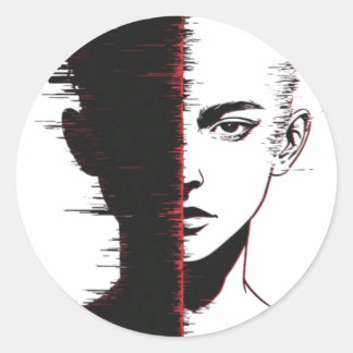 Glitch Gezicht Design – Cyberpunk Gespleten Identi Ronde Sticker
