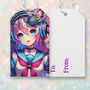 Glitchcore Kleurrijke Anime Girl artwork Cadeaulabel