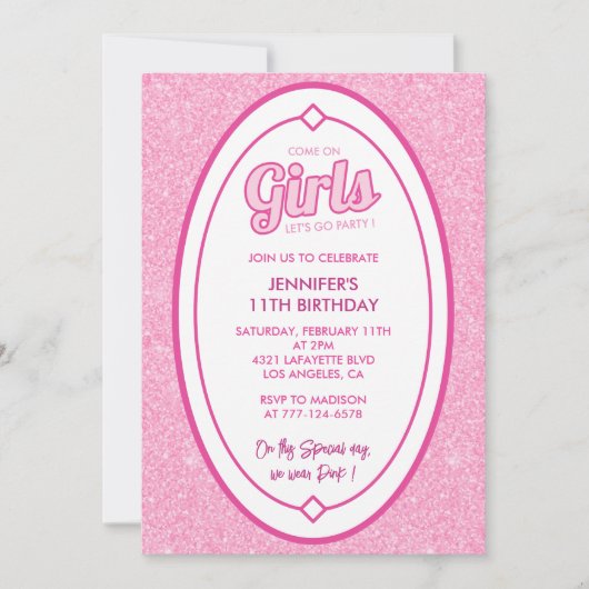 Glitter 11e verjaardag uitnodiging Doll blush roze (Voorkant)