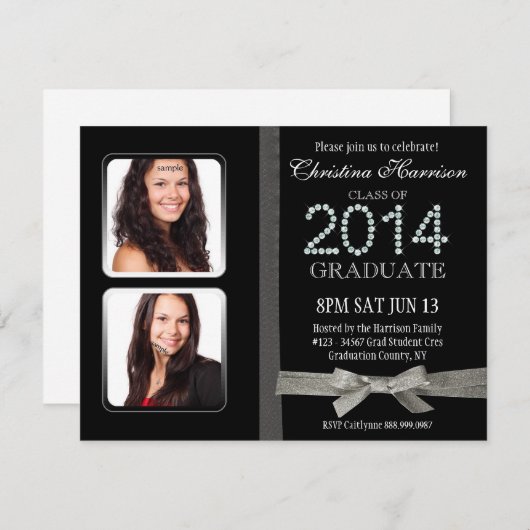 Glitter 2014 Diamond Glam Double Photo Afstuderen Kaart (Voorkant / Achterkant)