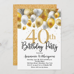 Glitter 40th Birthday Invitation Gold Balloons Kaart