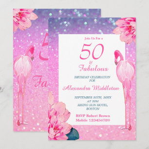 Glitter 50 Flamingo Pink Floral Birthday Kaart