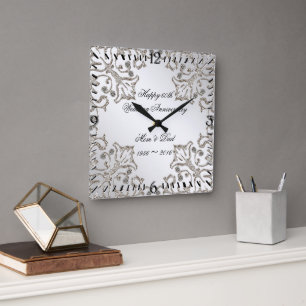Glitter 60th Diamond Wedding Anniversary Clock Vierkante Klok