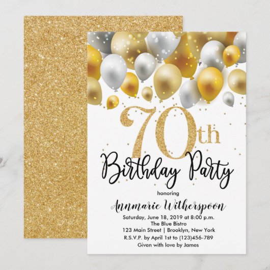 Glitter 70th Birthday Invitation Gold Balloons Kaart (Voorkant / Achterkant)