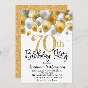 Glitter 70th Birthday Invitation Gold Balloons Kaart
