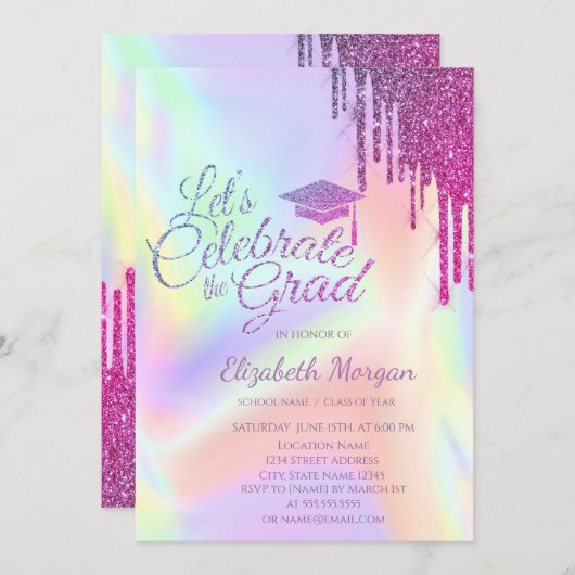 Glitter Afstudeerder Pet, Drift Holographic Afstud Kaart (Voorkant / Achterkant)