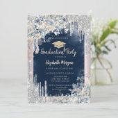 Glitter Afstudeerder Pet, Drips, Flowers, Navy Blu Kaart (Staand voorkant)