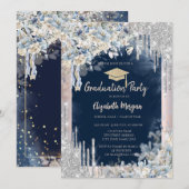 Glitter Afstudeerder Pet, Drips, Flowers, Navy Blu Kaart (Voorkant / Achterkant)