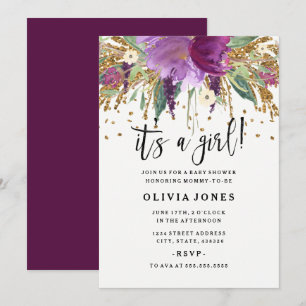 Glitter Amethyst Meisje Baby Shower Uitnodiging