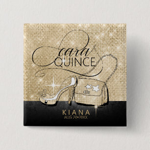 Glitter and Shine Quinceanera V2 Black/Gold ID701 Vierkante Button 5,1 Cm