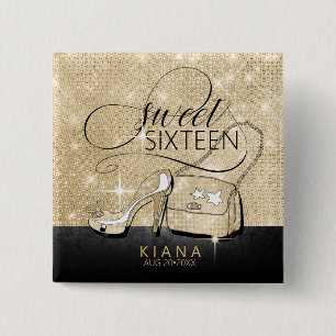 Glitter and Shine Sweet 16 V2 Black/Gold ID675 Vierkante Button 5,1 Cm