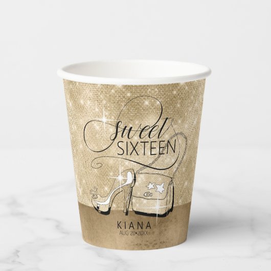 Glitter and Shine Sweet 16 V2 Gold ID675 Papieren Bekers (Voorkant)