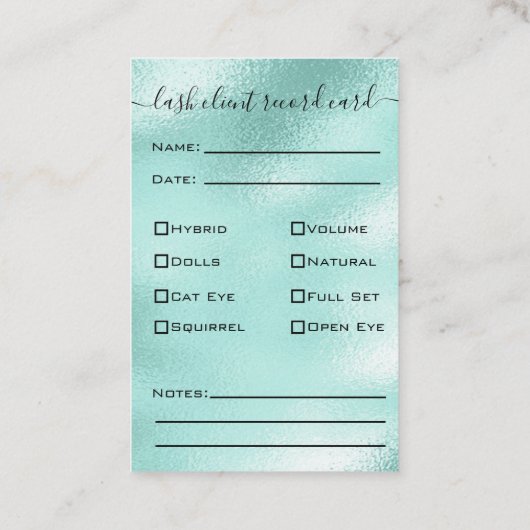 Glitter Aqua Eyelash Extension Client Record Visitekaartje (Achterkant)