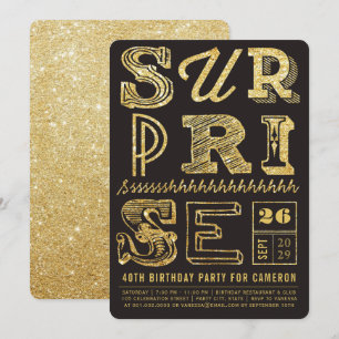Glitter Art Deco Surprise Party Birthday Invite Kaart