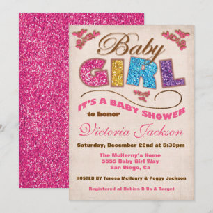Glitter Baby Meisje  Baby Douche Uitnodigingen
