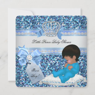Glitter Baby shower Boy Blue Little Prince Crown 3 Kaart