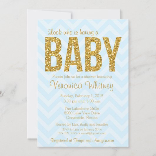 Glitter Baby shower Uitnodiging, Goudblauw Chevron Kaart (Voorkant)