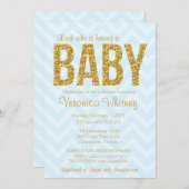Glitter Baby shower Uitnodiging, Goudblauw Chevron Kaart (Voorkant / Achterkant)