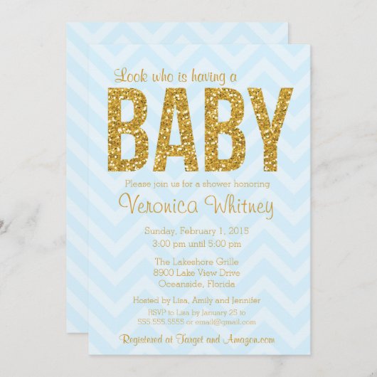 Glitter Baby shower Uitnodiging, Goudblauw Chevron Kaart (Voorkant / Achterkant)