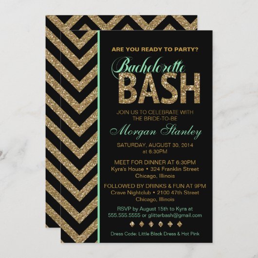 Glitter Bachelorette Bash Invitation MINT Kaart (Voorkant / Achterkant)
