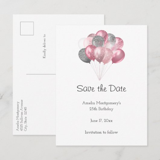 Glitter Ballon Bunch Roze en Zilver Aankondigingskaart (Voorkant / Achterkant)