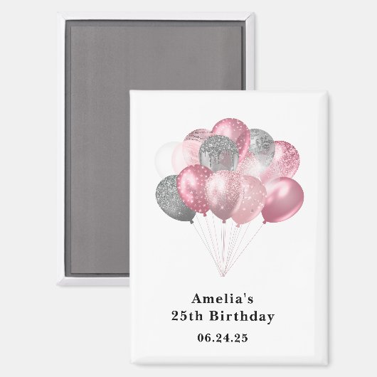 Glitter Ballonnen Roze en Zilver Save the Date Magneet (Voorkant / Achterkant)