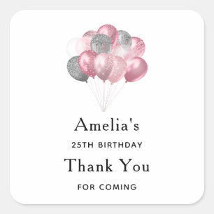 Glitter Ballonnen Roze en Zilver - Verjaardag Vierkante Sticker