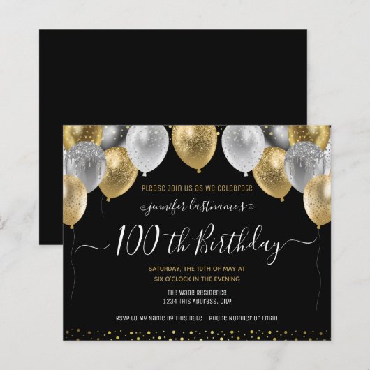 Glitter Balloons 100th Birthday Party Invitation (Voorkant / Achterkant)